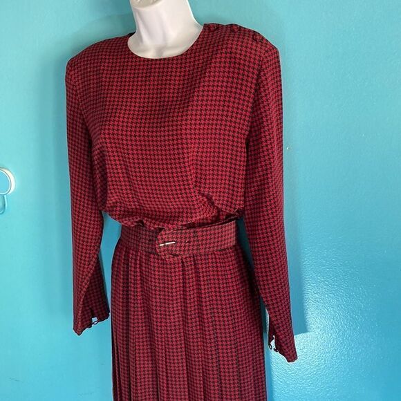 Talbots Womens 12 Vintage 1980’s Midi Houndstooth Check Red & Black Belted Dress - Picture 11 of 15